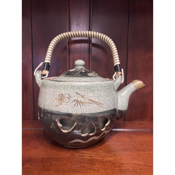 Otagiri Somaware Somayaki Gray-Green Heart Double Walled Tea Kettle 1940s - Picture 2 of 9